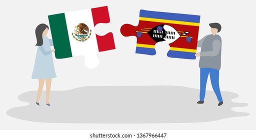 Couple holding two puzzles pieces with Mexican and Swazi flags. Mexico and Swaziland national symbols together.