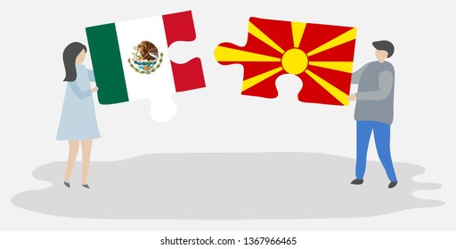 Couple holding two puzzles pieces with Mexican and Macedonian flags. Mexico and Macedonia national symbols together.