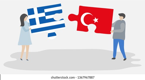 Couple holding two puzzles pieces with Greek and Turkish flags. Greece and Turkey national symbols together.