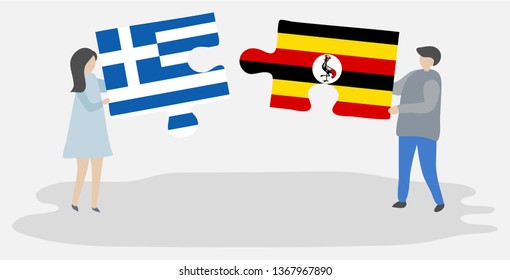 Couple holding two puzzles pieces with Greek and Ugandan flags. Greece and Uganda national symbols together.