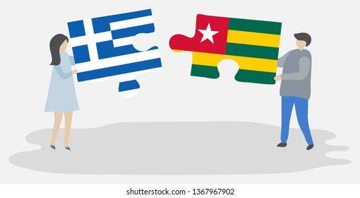 Couple holding two puzzles pieces with Greek and Togolese flags. Greece and Togo national symbols together.