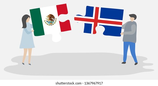 Couple holding two puzzles pieces with Mexican and Icelandic flags. Mexico and Iceland national symbols together.