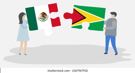 Couple holding two puzzles pieces with Mexican and Guyanese flags. Mexico and Guyana national symbols together.