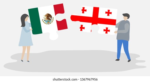 Couple holding two puzzles pieces with Mexican and Georgian flags. Mexico and Georgia national symbols together.