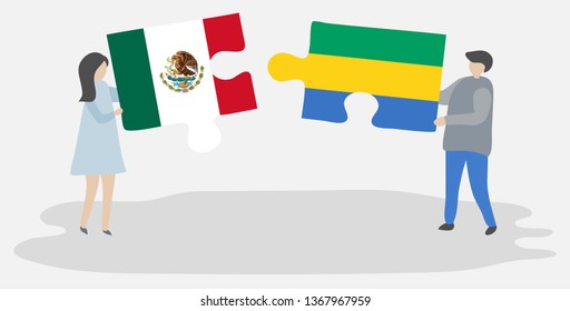 Couple holding two puzzles pieces with Mexican and Gabonese flags. Mexico and Gabon national symbols together.