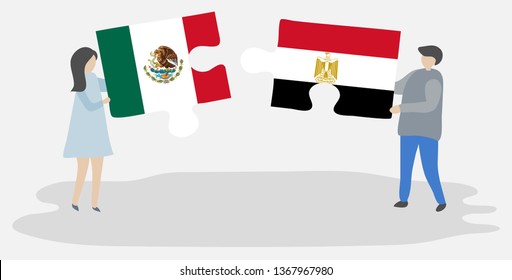 Couple holding two puzzles pieces with Mexican and Egyptian flags. Mexico and Egypt national symbols together.