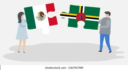 Couple holding two puzzles pieces with Mexican and Dominican flags. Mexico and Dominica national symbols together.