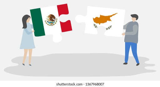 Couple holding two puzzles pieces with Mexican and Cypriot flags. Mexico and Cyprus national symbols together.