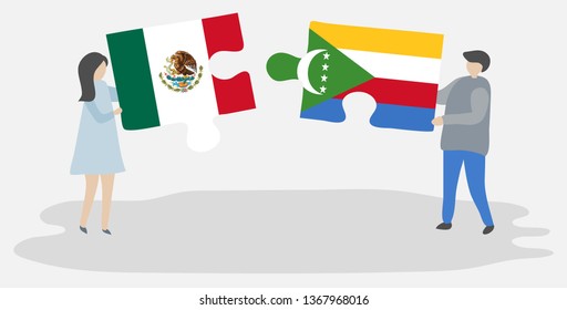 Couple holding two puzzles pieces with Mexican and Comoran flags. Mexico and Comoros national symbols together.