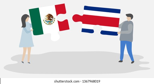 Couple holding two puzzles pieces with Mexican and Costa Rican flags. Mexico and Costa Rica national symbols together.
