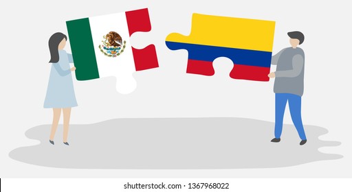 Couple holding two puzzles pieces with Mexican and Colombian flags. Mexico and Colombia national symbols together.