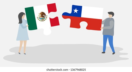 Couple holding two puzzles pieces with Mexican and Chilean flags. Mexico and Chile national symbols together.