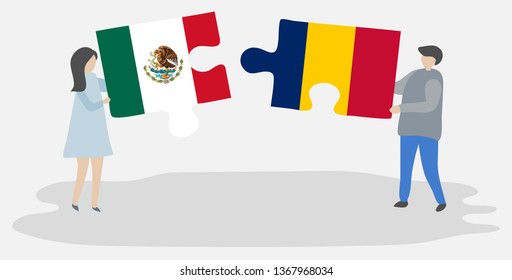 Couple holding two puzzles pieces with Mexican and Chadian flags. Mexico and Chad national symbols together.