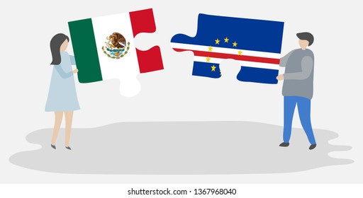 Couple holding two puzzles pieces with Mexican and Cabo Verdean flags. Mexico and Cape Verde national symbols together.
