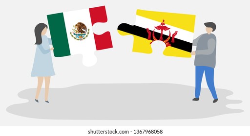 Couple holding two puzzles pieces with Mexican and Bruneian flags. Mexico and Brunei national symbols together.