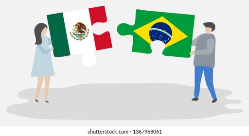 Couple holding two puzzles pieces with Mexican and Brazilian flags. Mexico and Brazil national symbols together.