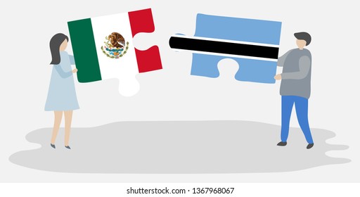 Couple holding two puzzles pieces with Mexican and Motswana flags. Mexico and Botswana national symbols together.