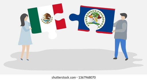 Couple holding two puzzles pieces with Mexican and Belizean flags. Mexico and Belize national symbols together.