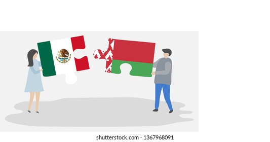 Couple holding two puzzles pieces with Mexican and Belarusian flags. Mexico and Belarus national symbols together.