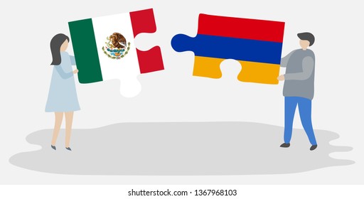 Couple holding two puzzles pieces with Mexican and Armenian flags. Mexico and Armenia national symbols together.