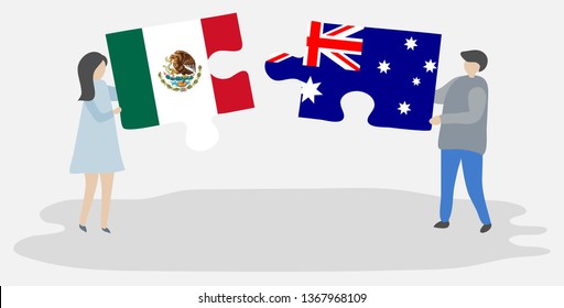 Couple holding two puzzles pieces with Mexican and Australian flags. Mexico and Australia national symbols together.