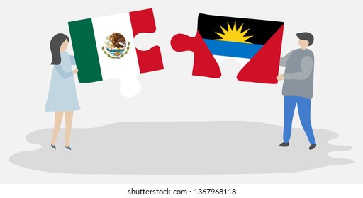 Couple holding two puzzles pieces with Mexican and Antiguan flags. Mexico and Antigua and Barbuda national symbols together.