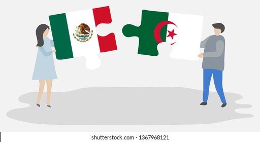 Couple holding two puzzles pieces with Mexican and Algerian flags. Mexico and Algeria national symbols together.