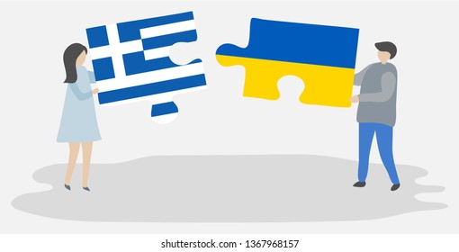 Couple holding two puzzles pieces with Greek and Ukrainian flags. Greece and Ukraine national symbols together.