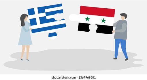 Couple holding two puzzles pieces with Greek and Syrian flags. Greece and Syria national symbols together.