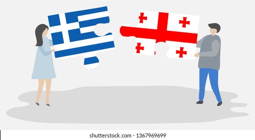 Couple holding two puzzles pieces with Greek and Georgian flags. Greece and Georgia national symbols together.