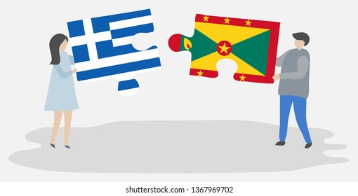 Couple holding two puzzles pieces with Greek and Grenadian flags. Greece and Grenada national symbols together.