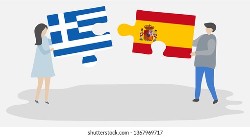 Couple holding two puzzles pieces with Greek and Spanish flags. Greece and Spain national symbols together.