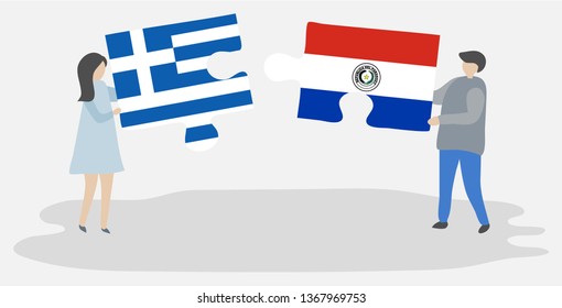 Couple holding two puzzles pieces with Greek and Paraguayan flags. Greece and Paraguay national symbols together.