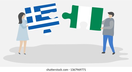 Couple holding two puzzles pieces with Greek and Nigerian flags. Greece and Nigeria national symbols together.