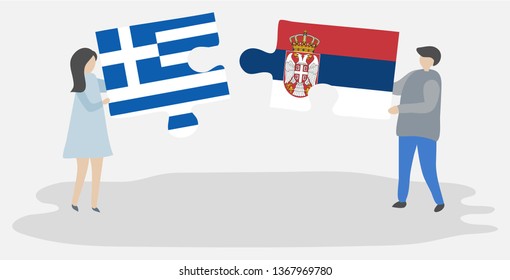 Couple holding two puzzles pieces with Greek and Serbian flags. Greece and Serbia national symbols together.