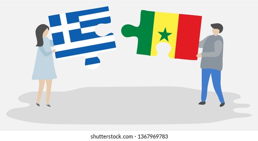 Couple holding two puzzles pieces with Greek and Senegalese flags. Greece and Senegal national symbols together.