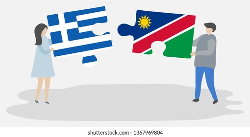 Couple holding two puzzles pieces with Greek and Namibian flags. Greece and Namibia national symbols together.