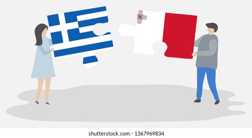 Couple holding two puzzles pieces with Greek and Maltese flags. Greece and Malta national symbols together.