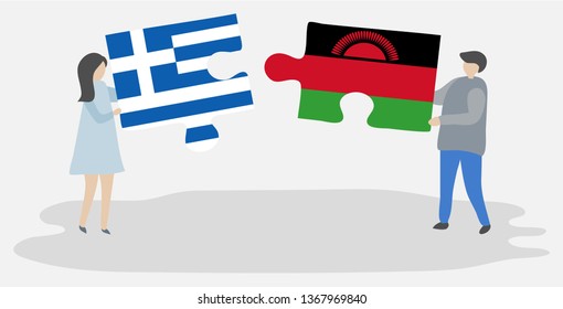 Couple holding two puzzles pieces with Greek and Malawian flags. Greece and Malawi national symbols together.