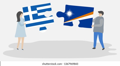 Couple holding two puzzles pieces with Greek and Marshallese flags. Greece and Marshall Islands national symbols together.