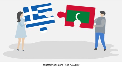 Couple holding two puzzles pieces with Greek and Maldivian flags. Greece and Maldives national symbols together.