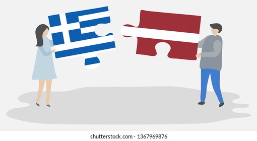 Couple holding two puzzles pieces with Greek and Latvian flags. Greece and Latvia national symbols together.