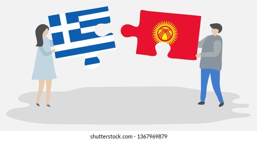 Couple holding two puzzles pieces with Greek and Kirgiz flags. Greece and Kyrgyzstan national symbols together.