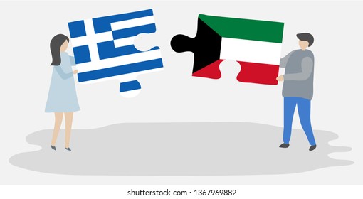 Couple holding two puzzles pieces with Greek and Kuwaiti flags. Greece and Kuwait national symbols together.