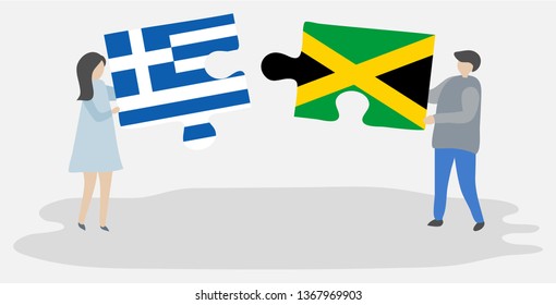 Couple holding two puzzles pieces with Greek and Jamaican flags. Greece and Jamaica national symbols together.
