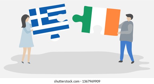 Couple holding two puzzles pieces with Greek and Irish flags. Greece and Ireland national symbols together.