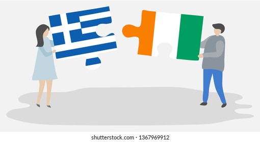 Couple holding two puzzles pieces with Greek and Ivorian flags. Greece and Ivory Coast national symbols together.