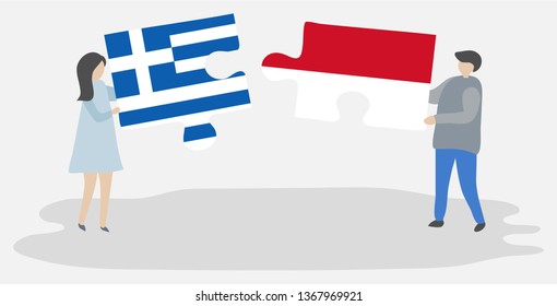 Couple holding two puzzles pieces with Greek and Indonesian flags. Greece and Indonesia national symbols together.