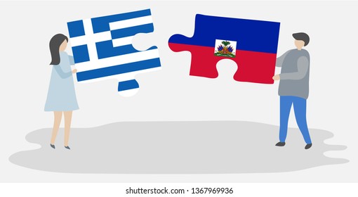 Couple holding two puzzles pieces with Greek and Haitian flags. Greece and Haiti national symbols together.