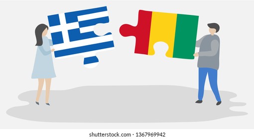 Couple holding two puzzles pieces with Greek and Guinean flags. Greece and Guinea national symbols together.